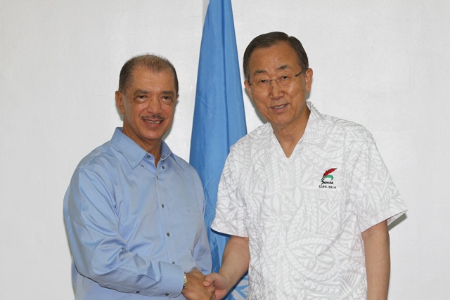 UN agencies will be mobilized to implement recommendations from SIDS conference, says UNSG Ban Ki-Moon during meeting with Seychelles President in Samoa