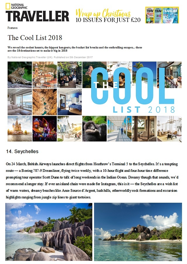 Seychelles makes 'Cool List" of destinations by National Geographic Traveller magazine
