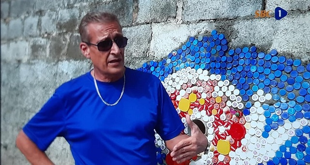 A musician in Seychelles uses bottle caps to create a mural, sprucing up an eyesore